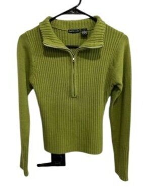 Audrey Lane Medium Green Ribbed Half-Zip Sweater Acrylic Knit Cozycore Hygge